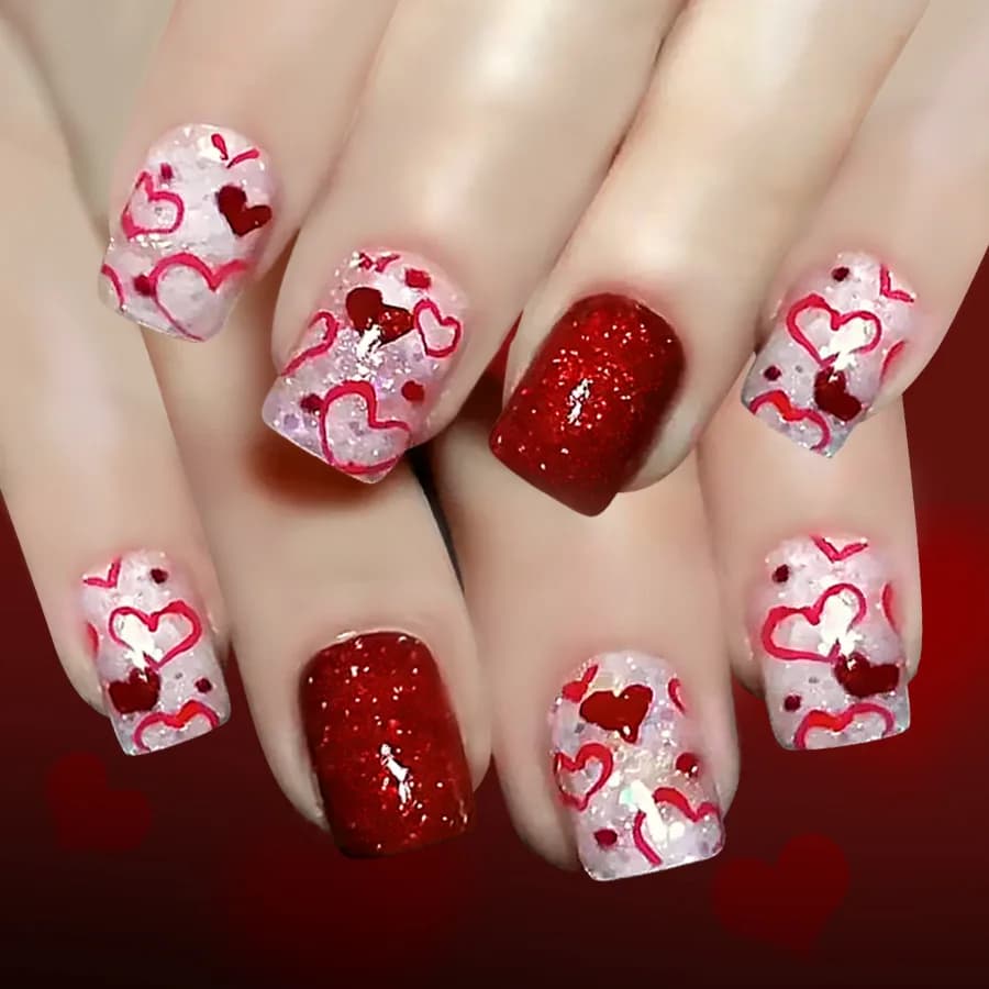 Stampa corta quadrata lucida sulle unghie 24 pezzi Cuore rosso Punti Glitter Dolce San Valentino Unghie finte per le donne