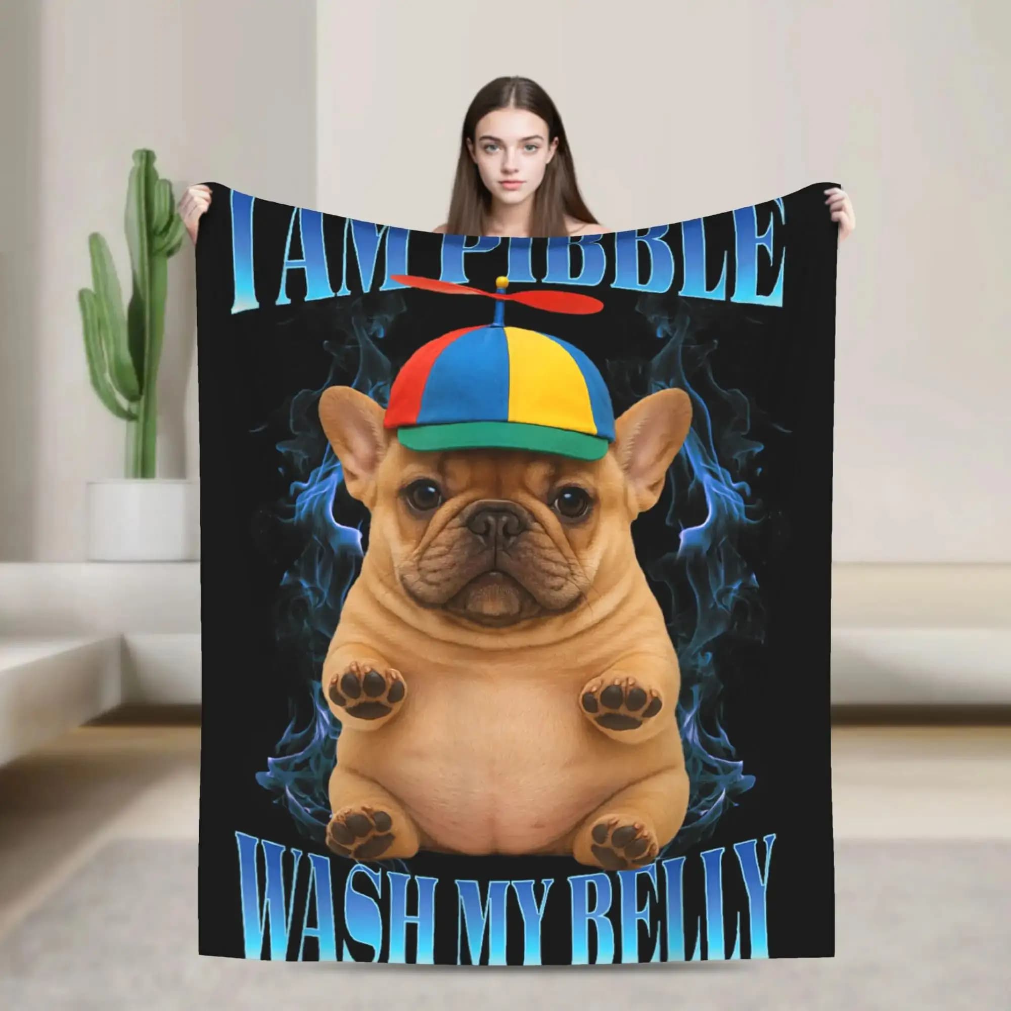 Coperta in flanella divertente con stampa 'I am Pibble Wash My Belly' per decorazioni domestiche, picnic, copriletto e copridivano