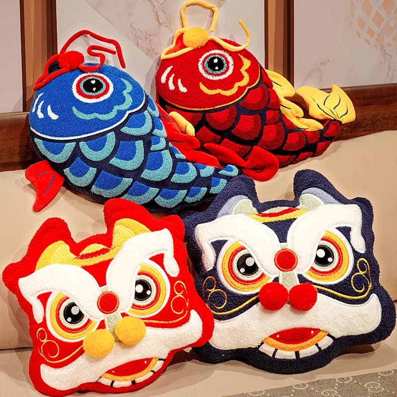 Joy Traditional Chinese Lion Dance Cushion Embroidered Bearing with Koi Fish Gold Ingots Sofa Car Chair Home Wedding Decorations Lucky