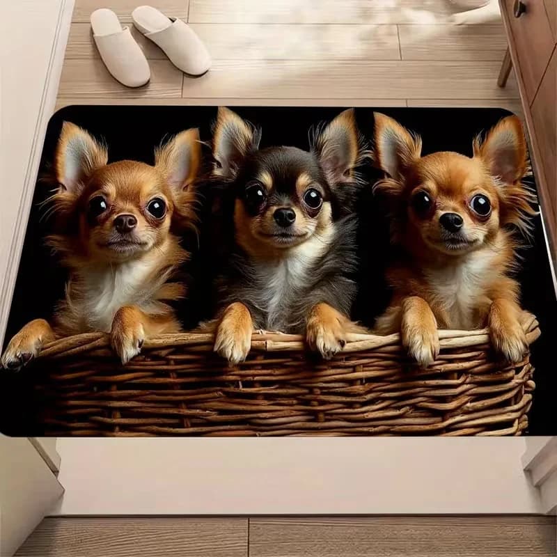 Tappetino con stampa di tre adorabili cuccioli di Chihuahua in un cestino per decorare la tua camera da letto, soggiorno o cucina.