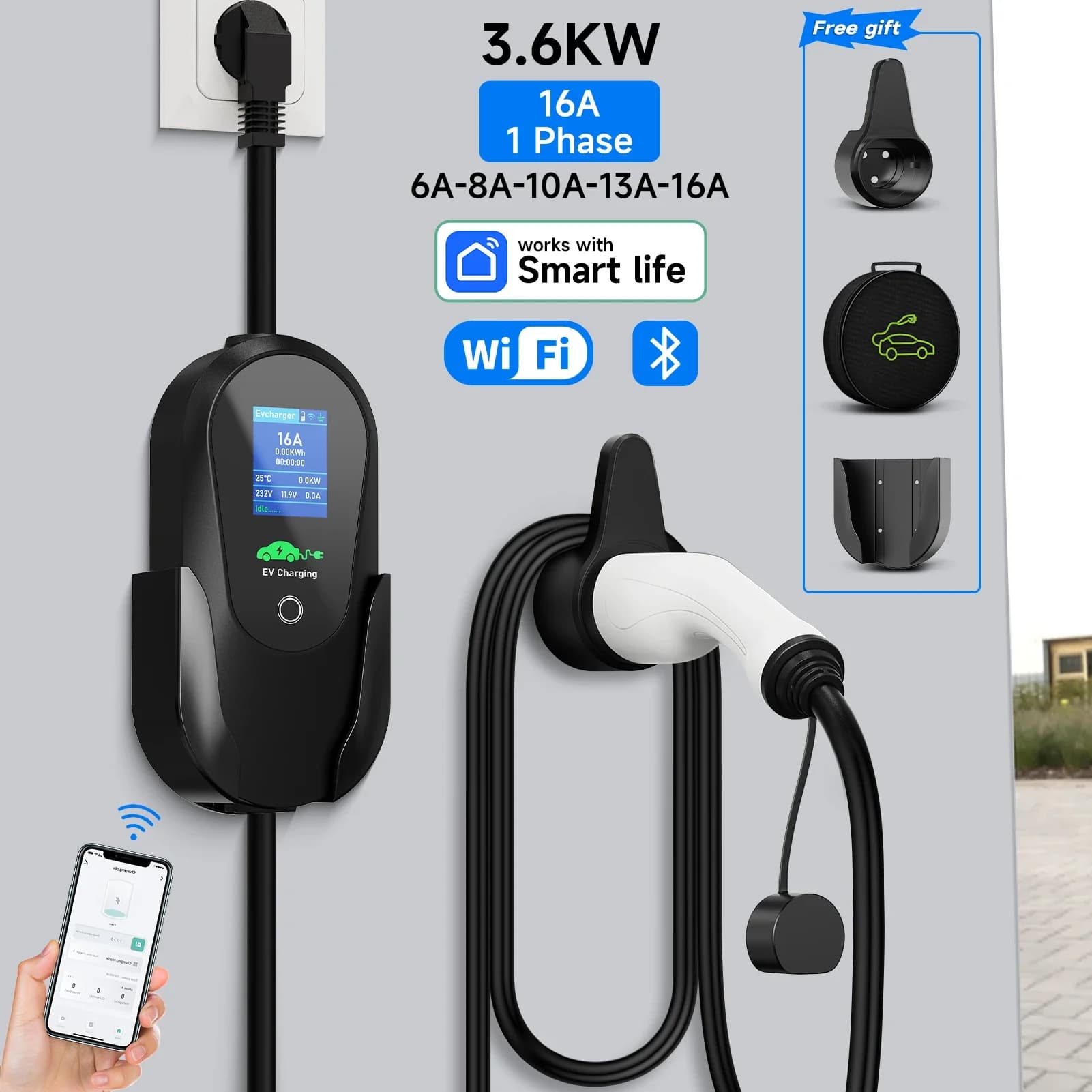 Caricatore EV portatile da 3,6KW 16A Type2 IEC 62196-2 EVSE Cavo di ricarica rapida Type1 SAE J1772 Wallbox Spina UE WiFi APP Telecomando