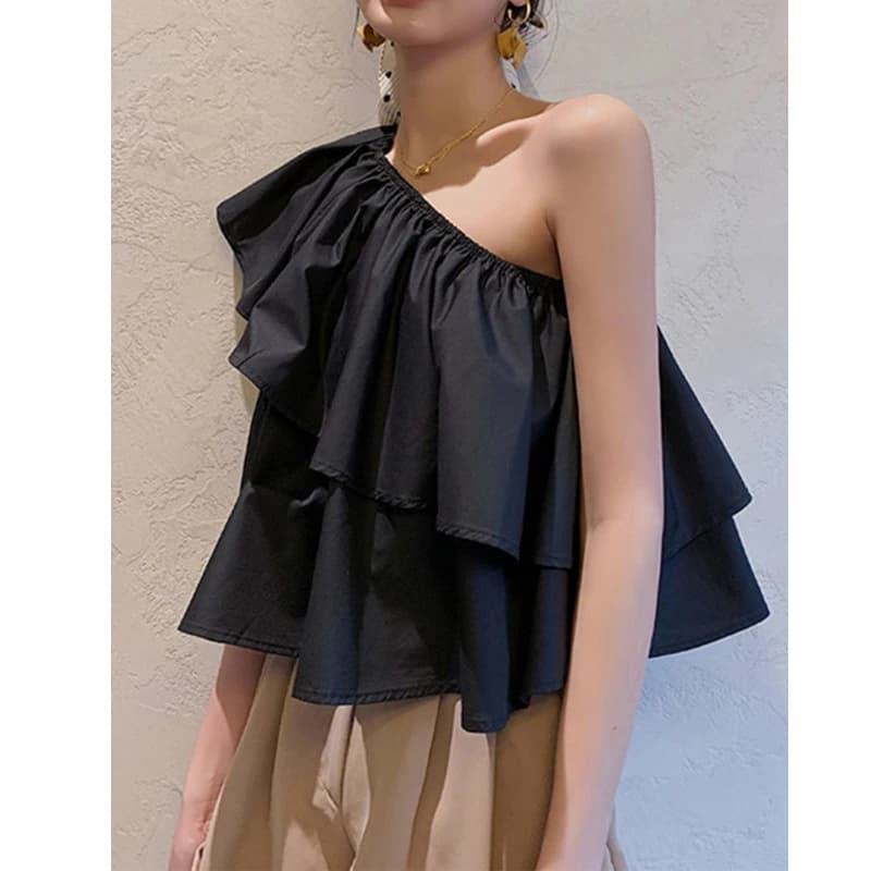 Top Sleeveless with Volant & Spalle Discoveries, Summer T-shirt Solid Color with Patchwork, Youthwear Y2K Versatile, Fashion Trend for Women