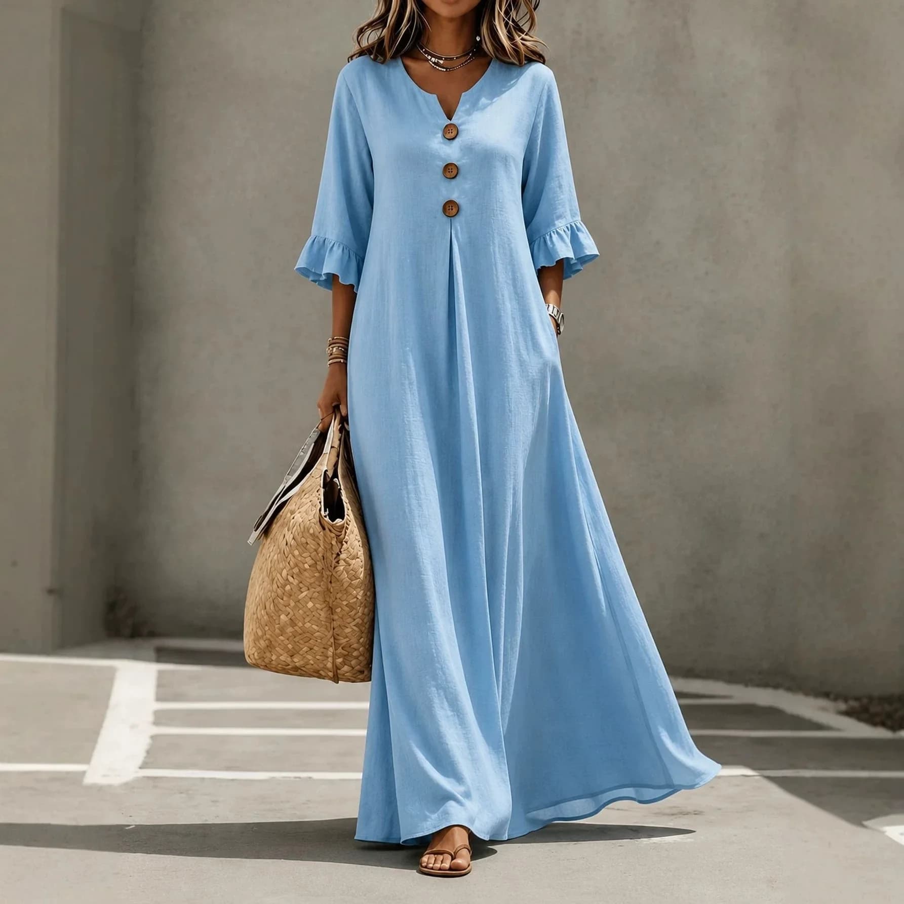 Women Button V Neck Half Sleeve Solid Color Maxi Long Boho Dress 2026 Summer Fashion Elegant Vacation Party Beach Robe Vestidos