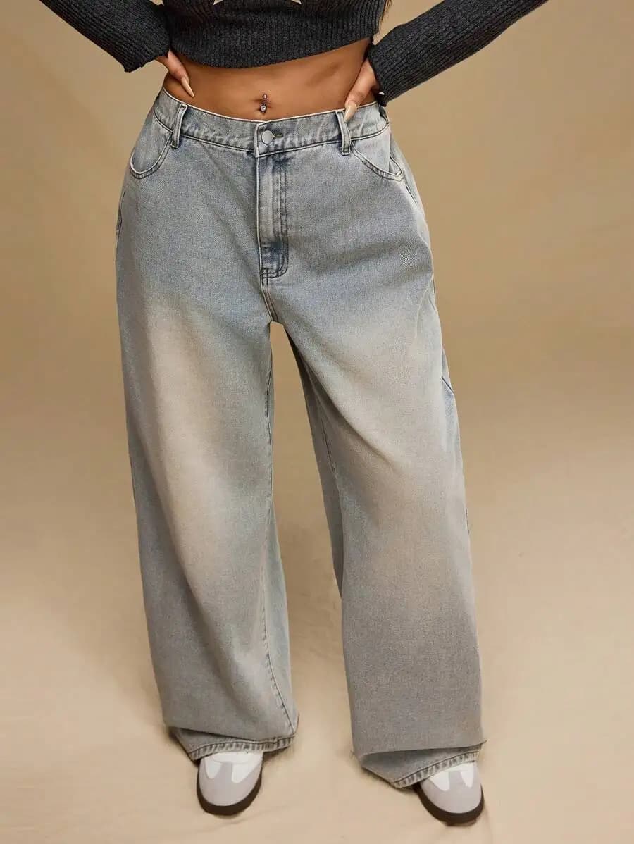 Casual Vintage Wash Loose Wide Leg Boyfriend Jeans For Women