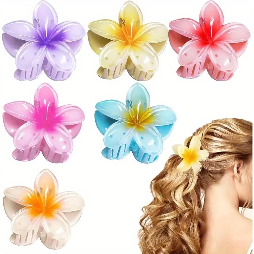 Confezione da 6 eleganti artigli Plumeria Wer in acrilico, grandi fermagli per capelli hawaiani colorati da donna, presa forte per matrimoni, feste, spiaggia,