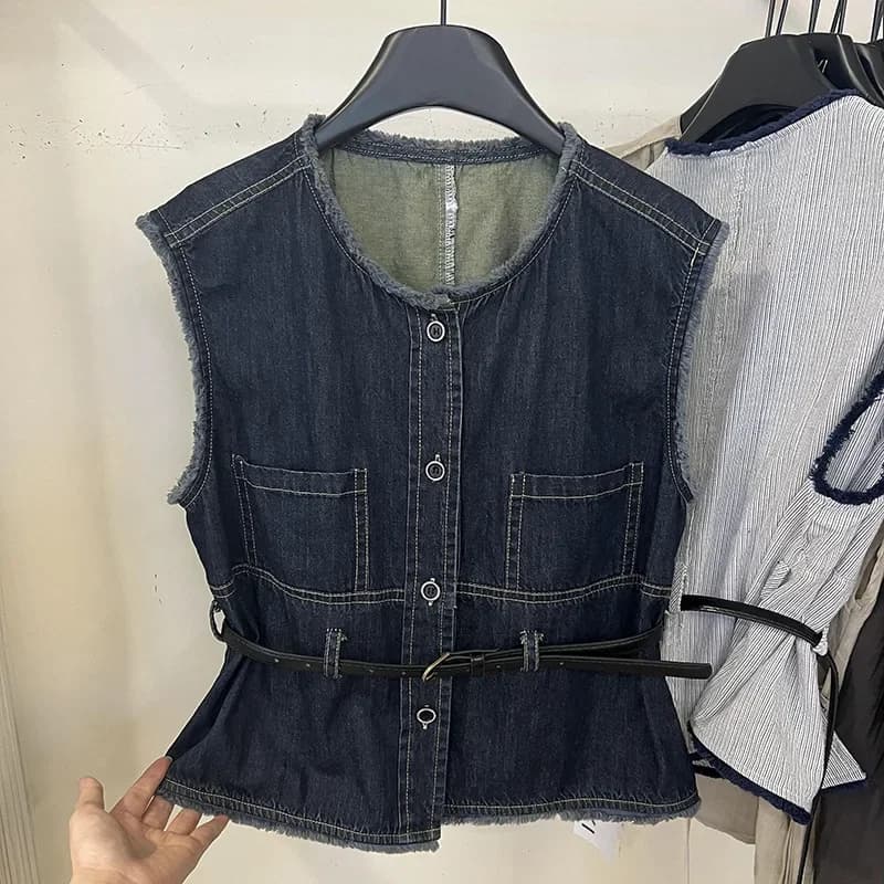 Gilet da Cowboy gilet donna estate 2024 nuovo retro burr vita senza maniche cintura moda girocollo top. Giacche gilet da donna