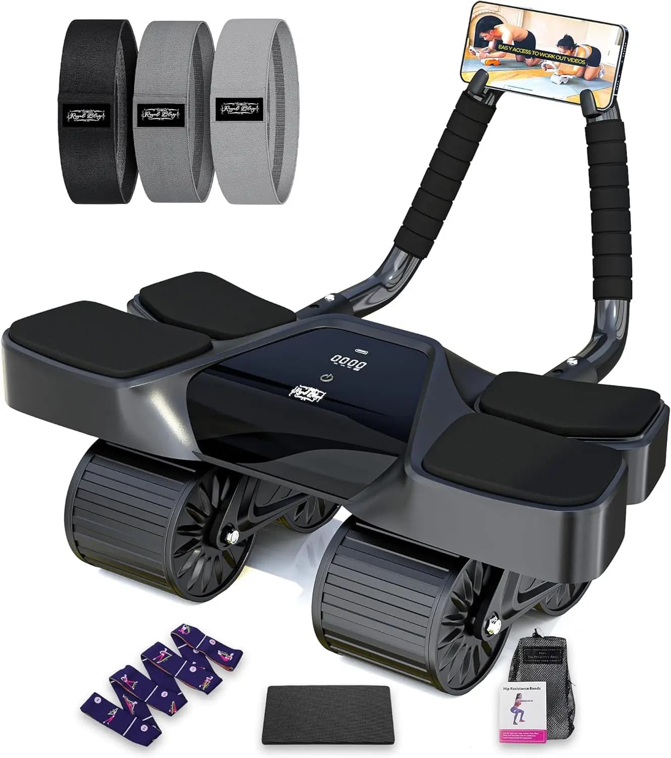 Rullo per Addominali a 4 Ruote con Schermo LCD, Cinghia Yoga, Bande di Resistenza - Maniglie Antiscivolo per Palestra Domestica