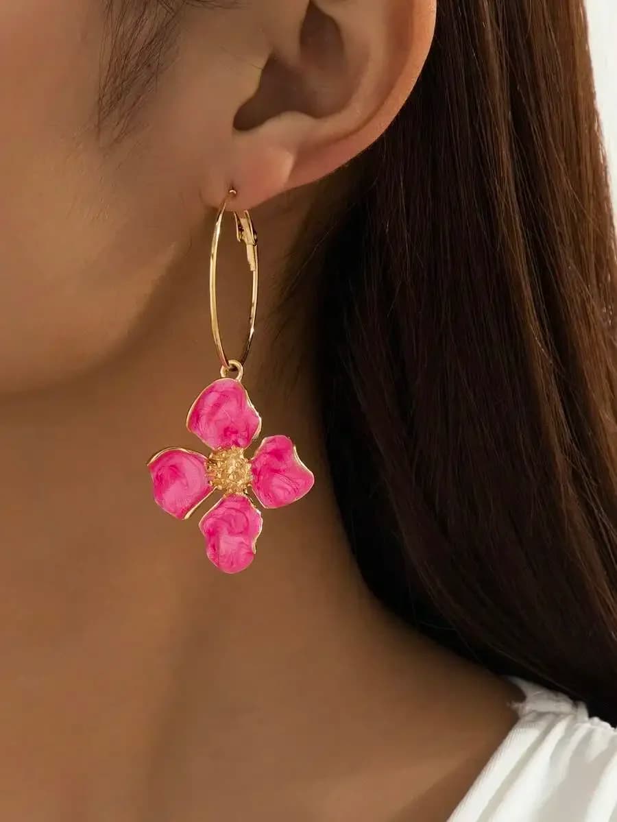 Vibrant Pink Flower Pendant Drop Earrings For Women Fashion Jewelry Gift