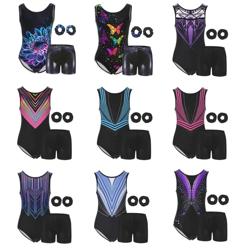 Body da ginnastica per bambine con schiena a goccia, unitard per tumbling, abbigliamento sportivo con fasce per capelli e pantaloncini