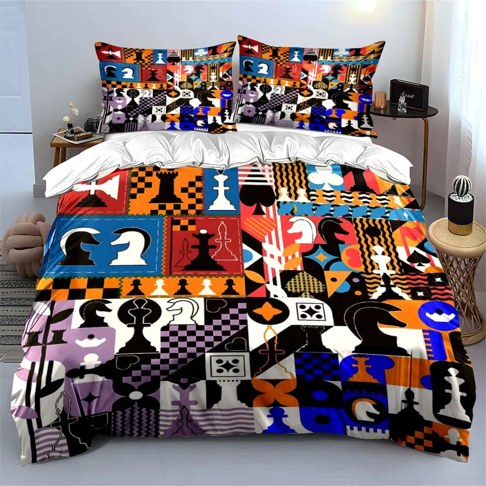 Set di biancheria da letto con stampa a motivi di scacchi e collage, morbido e confortevole, include 1 copripiumino e 2 federe.