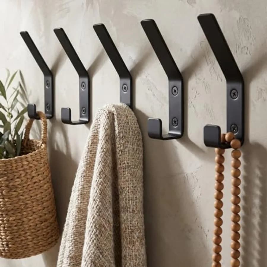 Decorative Coat Hooks For Wall Mount Set of 5 - Stylish and Sturdy Black Metal Double Hooks Are Perfect To Hang Your Jackets, T