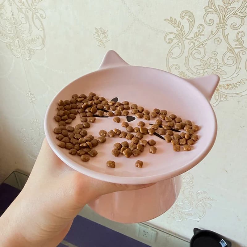 Ceramic Cat Shape High Footed Bowls, Pet Cervical Vertebra Protection Drinking Food Plate, Large Caliber, Cat Bowl Supplies, 1Pc