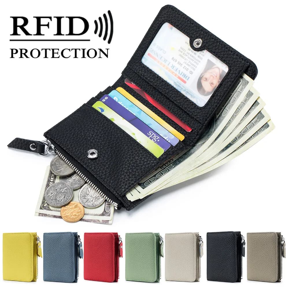Portafoglio corto carino da donna in vera pelle da uomo Portamonete con cerniera stile semplice Porta carte di credito bancarie RFID Porta soldi piccolo e sottile