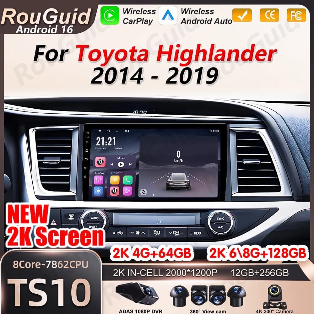 Autoradio Android 16 per Toyota Highlander 2014-2019, Lettore Multimediale Video con Schermo Touch 2K e Bluetooth