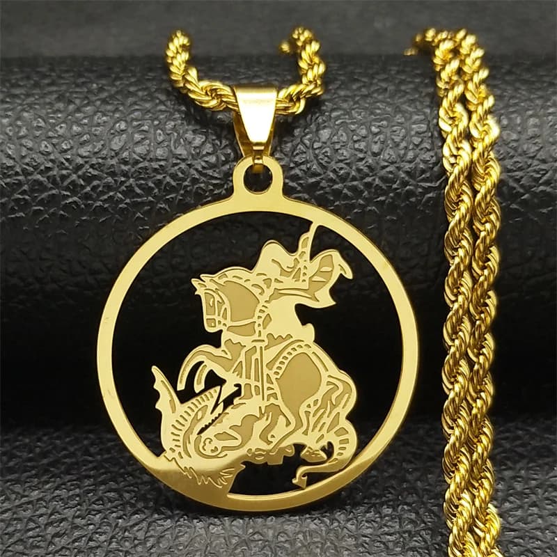 Collana con Ciondolo Cavo San Giorgio PROTECT US per Donna e Uomo, Collane con Catena in Acciaio Inossidabile Rotonda San Giorgio, Gioielli Cristiani