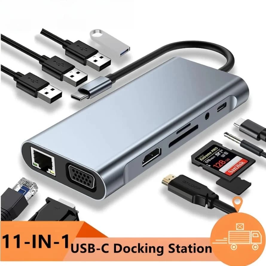 HUB USB C 11 in 1 con VGA Type-C PD USB 3.0 2.0 RJ45 Ethernet 4K compatibile HDMI, lettore di schede SD/TF Hub di estensione USB AUX da 3,5 mm
