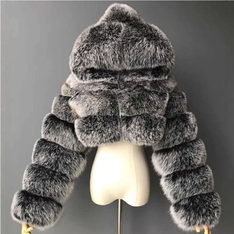 Women's Faux Fur Coat Hooded Short Sleeve Long Plaid Cotton Warmth Skin Pattern Winter Fashion Outerwear Jacket Coat