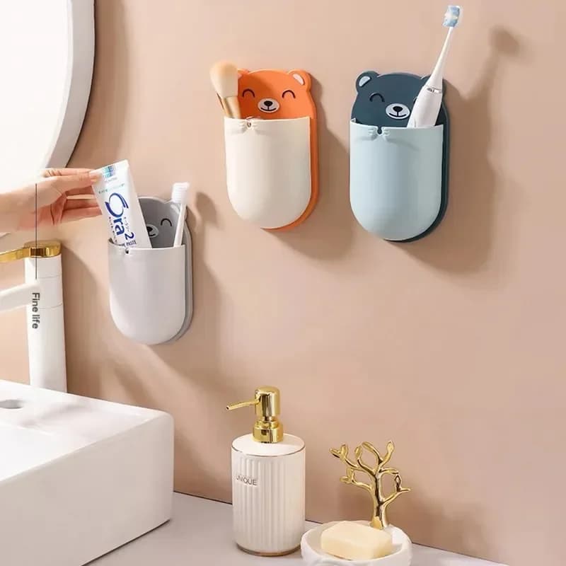 Porta spazzolino da parete con orso, porta spazzolino da denti, forniture da bagno per riporre punzonatura gratuita, accessori da bagno per organizer