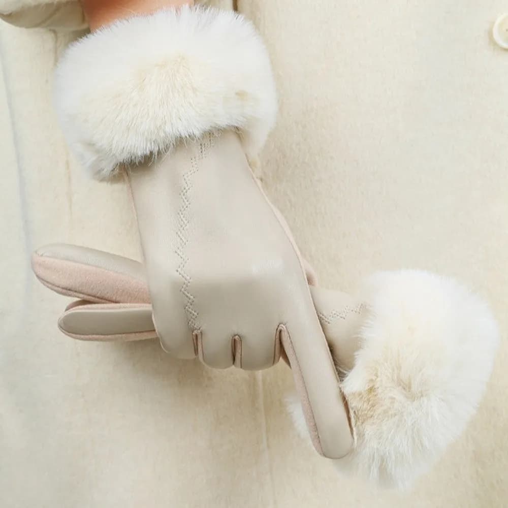 Fleece Lined Leather Gloves Fur Cuff Anti-splash Water Touchscreen Gloves Touch Screen Soft Texture Winter Mittens Women