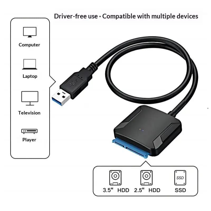 SATA to USB 3.0 Adapter Cable for 3.5 2.5 Inch SSD HDD Plug and Play External Hard Drive Connector for Fast Data Backup