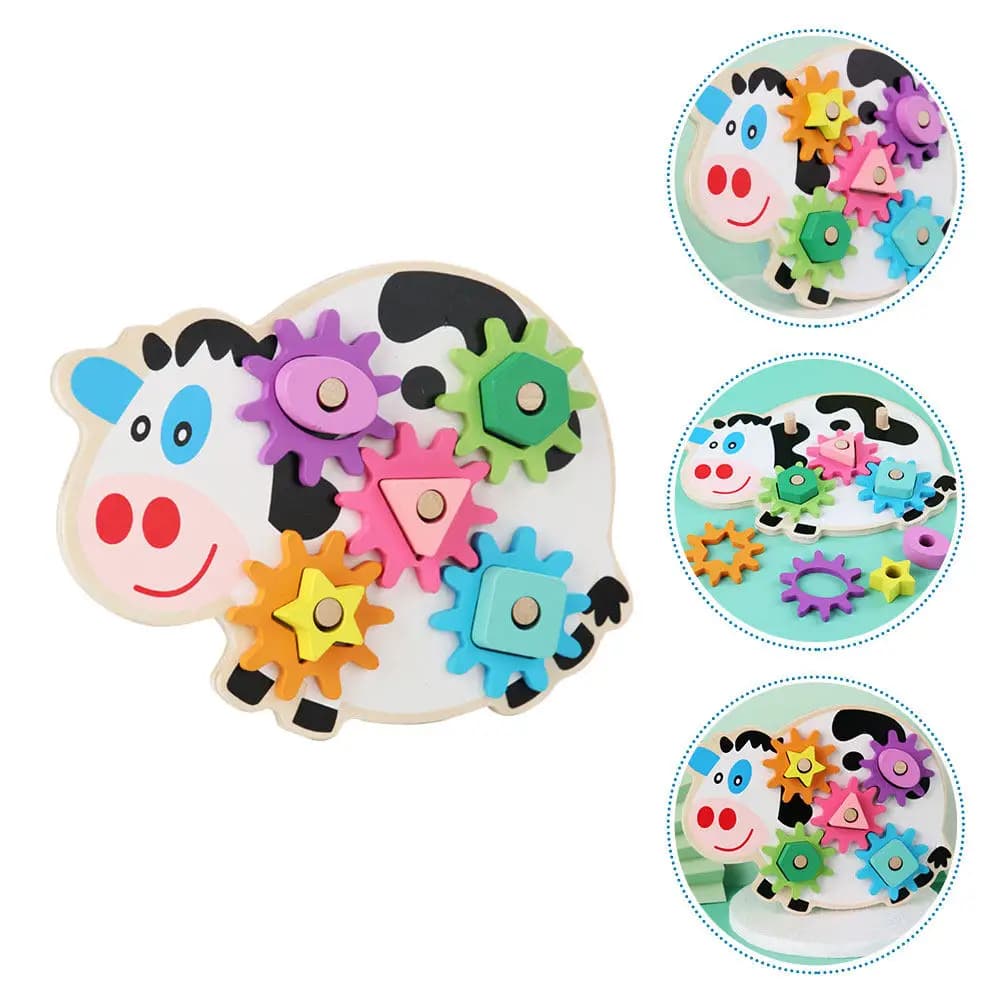 1Set Kids Gear Turning Educational Cow Shape Wooden Blocks Color Matching Shape Learning Hand Eye Coordination Gift