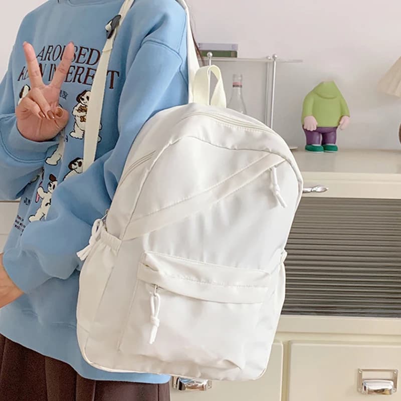 Solid Color Women Backpack Large Capacity Multi Pocket Nylon Double Shoulder School Daily Teen Minimalist Casual Bag