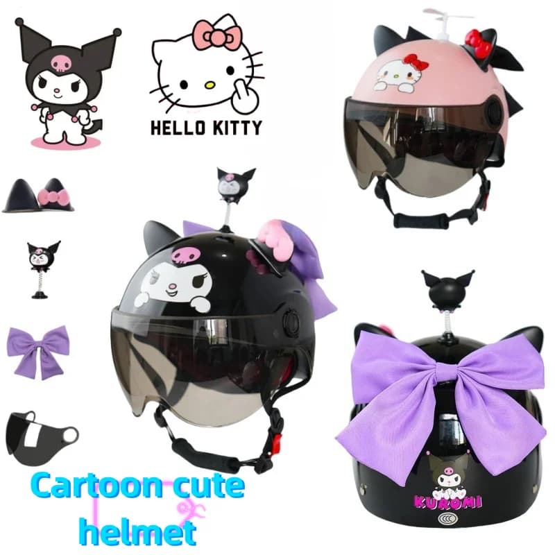 Hello Kitty Kuromi sympathetic helmet with two-dimensional sun protection for boys and girls, helmet for anti-duty windscreen for electric cars