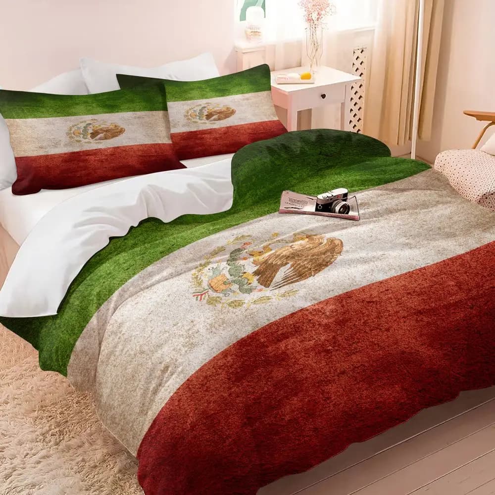 Mexico Flag Print Duvet Cover Set(1 Duvet Cover & 1/2 Pillowcase) Soft Bedding Set Ideal For Patriotic Home Decor
