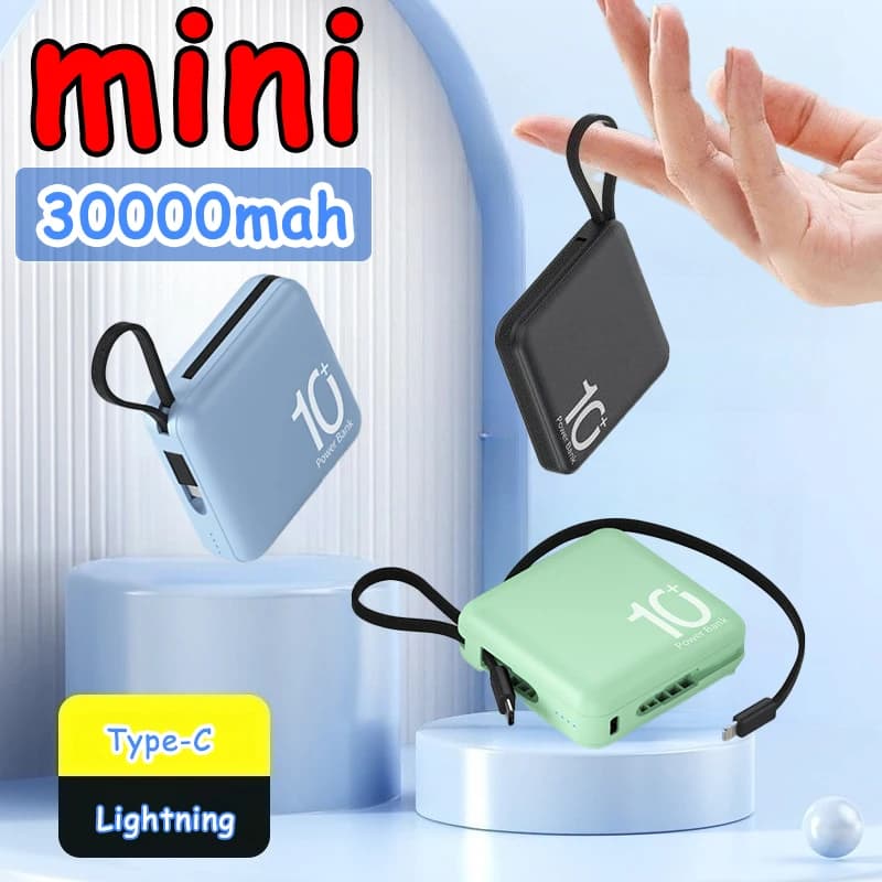 Batteria esterna portatile 30000mAh Mini Power Bank Cavo di tipo C integrato Caricatore rapido per IPhone 15 16 Samsung Xiaomi Powerbank