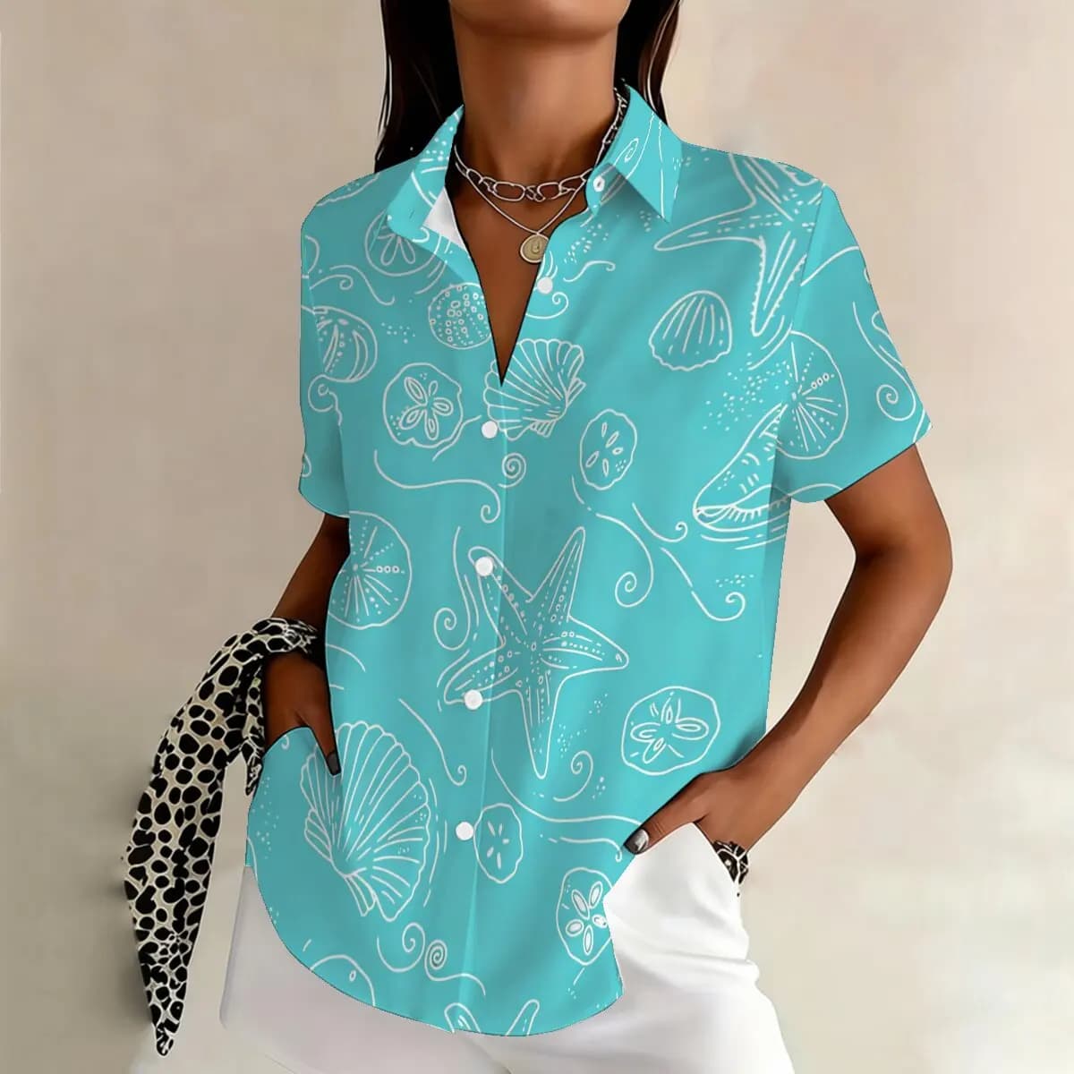 Camicia a maniche corte con stampa di animali e piante oceaniche, bestseller per la moda femminile plus size, ampia e comoda per le vacanze.