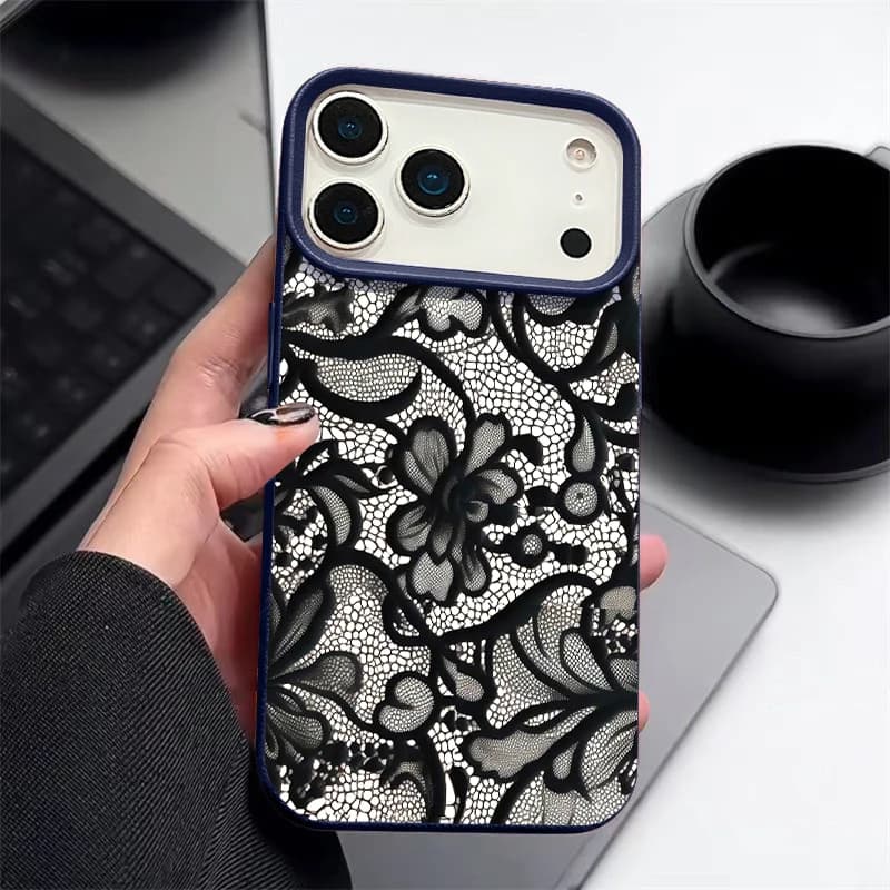 Black Lace Print Silicone Phone Case For iPhone 17e 18 17 Pro Max 16 15 14 13 Pro Max 16e Shockproof Soft Leather Texture Cover