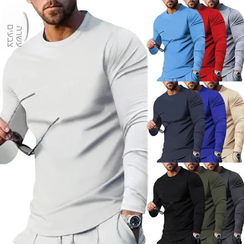 New 2023 Men's Long Sleeve round Neck Color Base Layer T-Shirt Spring Autumn Polyester Fiber Moisture Wicking Basic Style