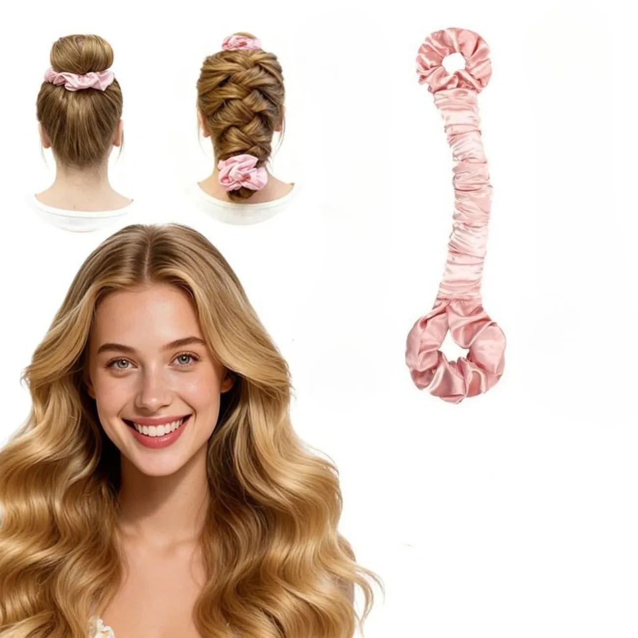 1 ferro arricciacapelli multifunzionale in raso senza calore e elastico per capelli, arricciacapelli senza tracce con elastico per capelli, misura grande, rosa crema