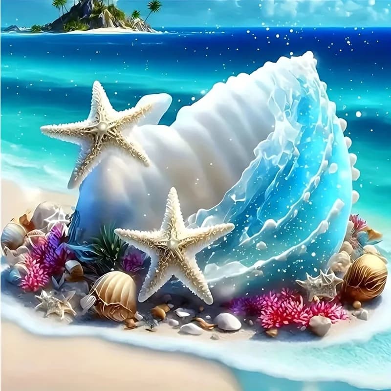 Kit Pittura Diamante 5D Fai da Te Meraviglie dell'Oceano - Gemme Acriliche Rotonde, Disegni di Conchiglie, Stelle Marine e Coralli per Principianti