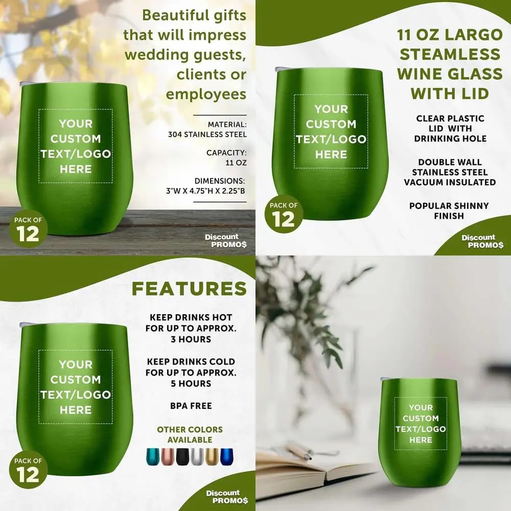 Set di 12 Bicchieri da Vino Senza Stelo Personalizzati con Coperchi, 11 oz, Adatti per Vino, Cocktail, Bevande - Verde Lime