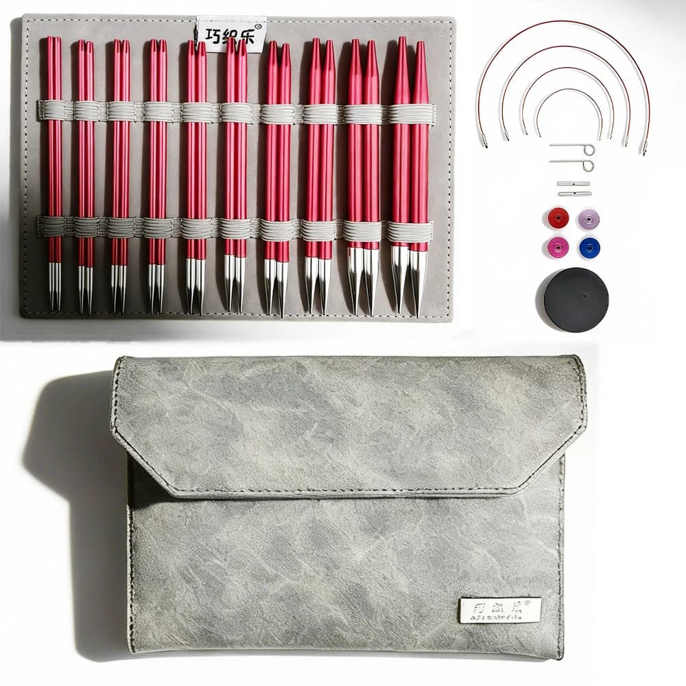 Set di ferri da maglia con clip ad anello intercambiabile in alluminio artigianale da 20 pezzi con aghi circolari con filo staccabile, borsa in PU