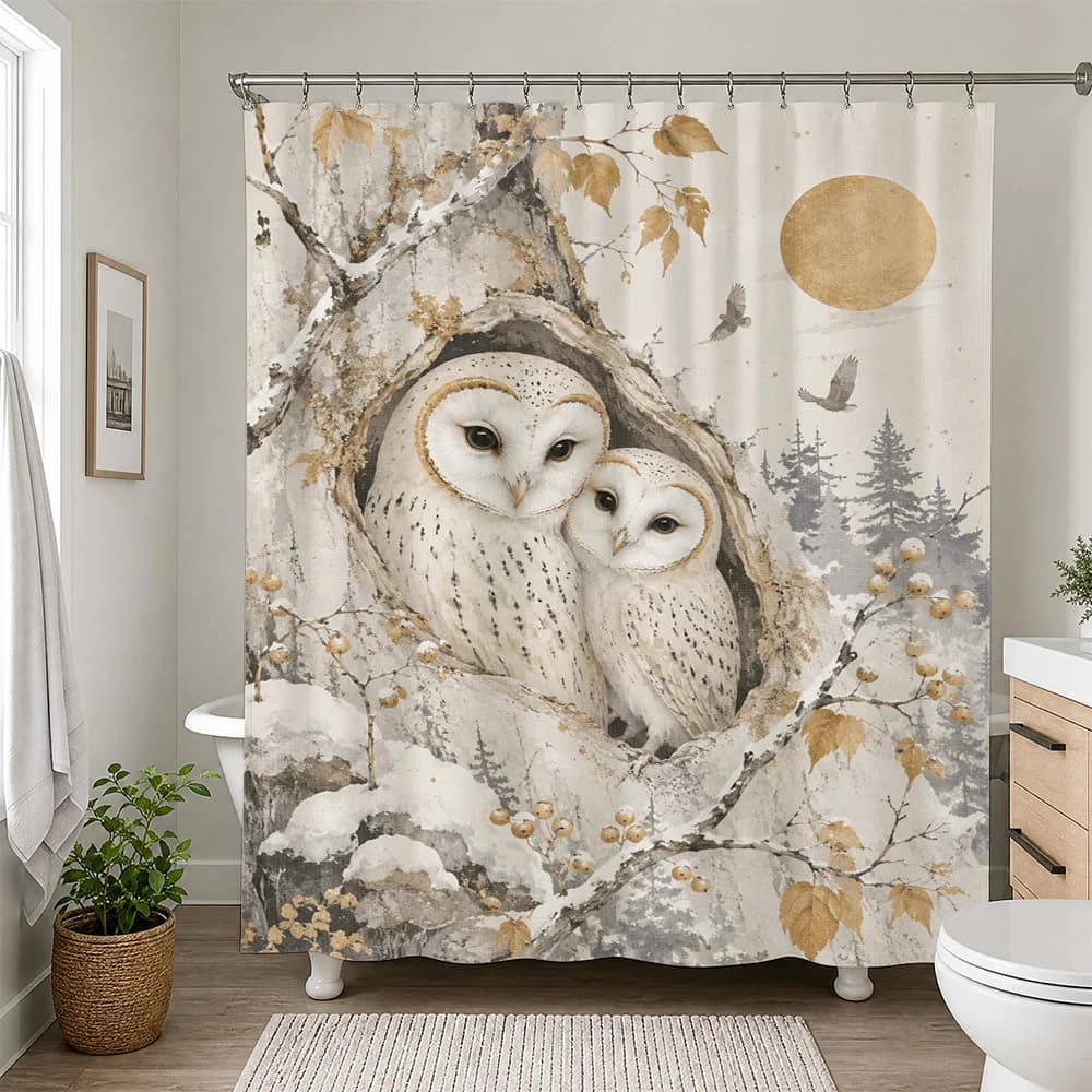 Cute Owl Family Nursery Shower Curtain Woodland Forest Animals Bathroom Decor Shower Curtain