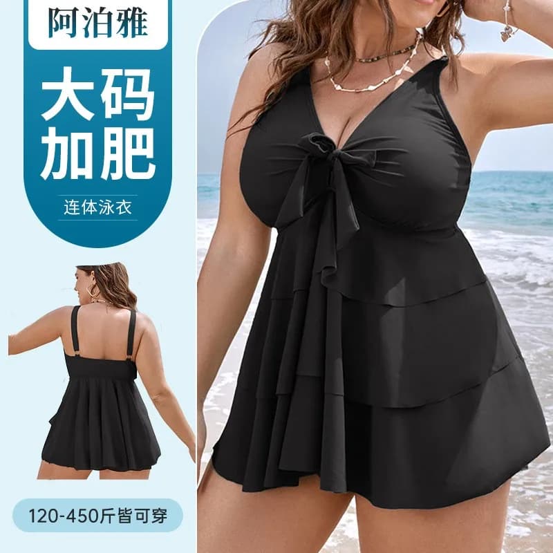 Costume da bagno Tankini da donna senza maniche, taglie forti, a vita alta, con gonna a balze, nero tinta unita, due pezzi con effetto contenitivo