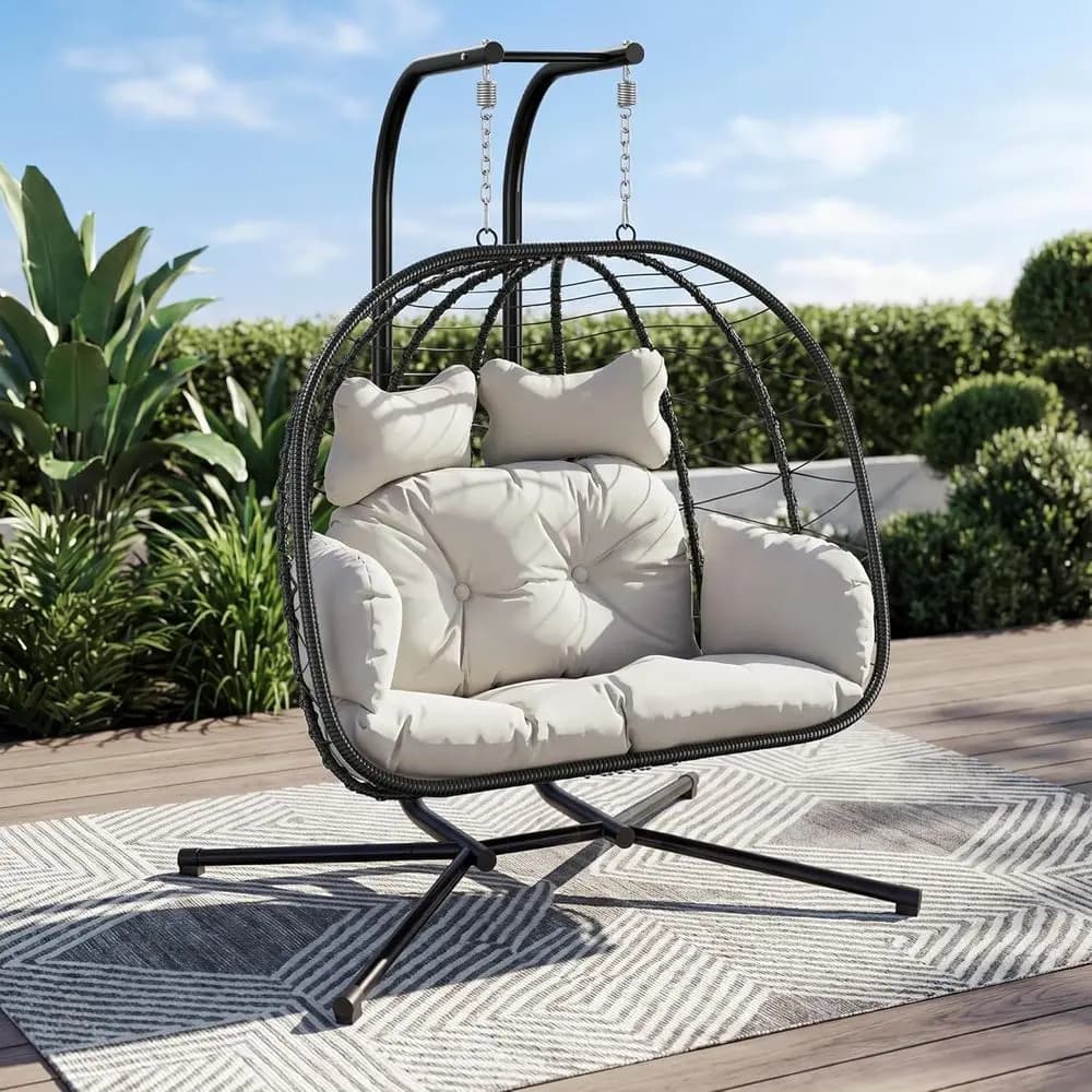 Double Hanging Egg Swing Chair with Stand, Outdoor Indoor Use, Removable Cushion, 700lbs Capacity, Suitable for Patio, Bedroom,