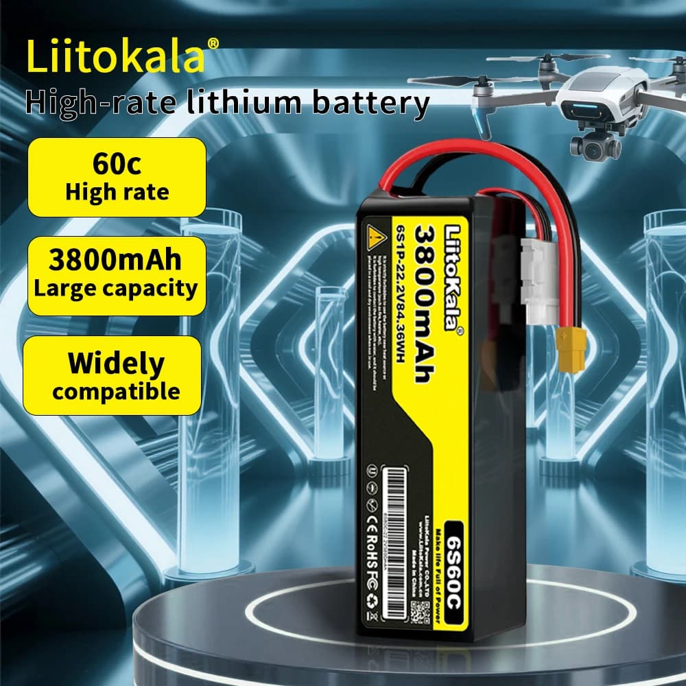 LiitoKala 22.2V 3800mAh 60C 6S LiPo Battery XT60/90 TRX T Multiple Plug Options Suitable for FPV Drones and Remote Control Cars