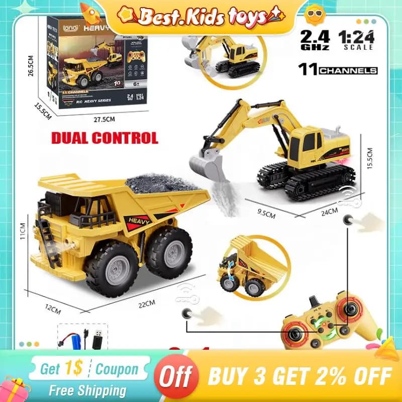 1:12 2.4G RC Autocarro con cassone ribaltabile Escavatore Set con luci 11CH Semi-rimorchio Camion da trasporto Veicolo telecomandato Giocattoli per bambini Ragazzi Gioco