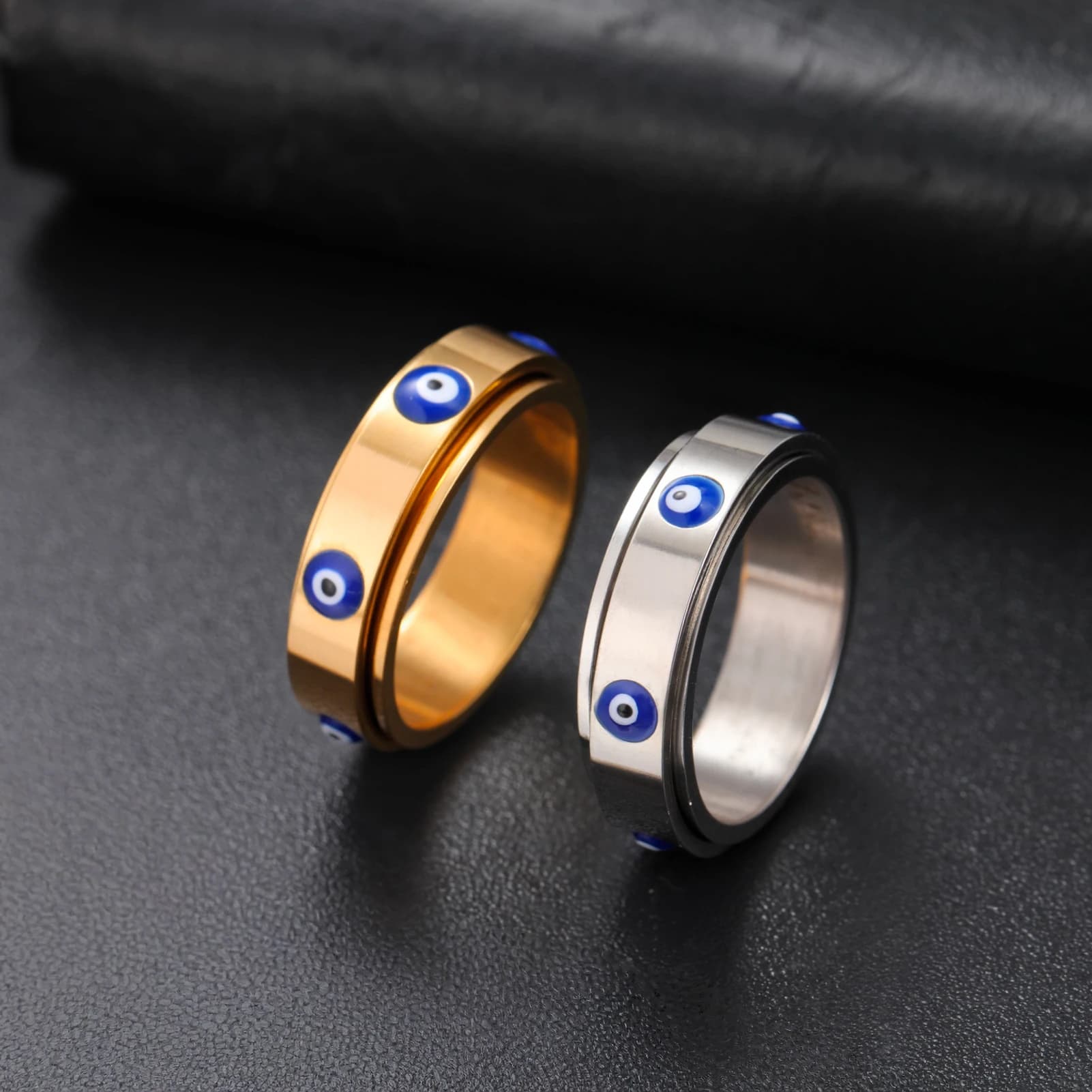 Anelli per l'ansia del malocchio con smalto blu, in acciaio inossidabile, con rotazione rotante, anello agitatore, regalo di gioielli per uomini e donne