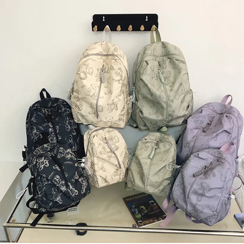 1Pcs Bear Print Nylon Backpack Unisex Student Casual Travel Large Capacity Laptop Bag Daily School Backpack For Adults