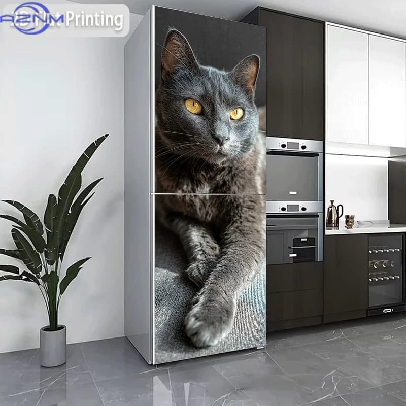 Refrigerator Sticker Staring Gray Shadow Gray Cat Reclining Golden-Eyed Gray Plush Lazy Gray Eyes Theme Design Wall Sticker Wa