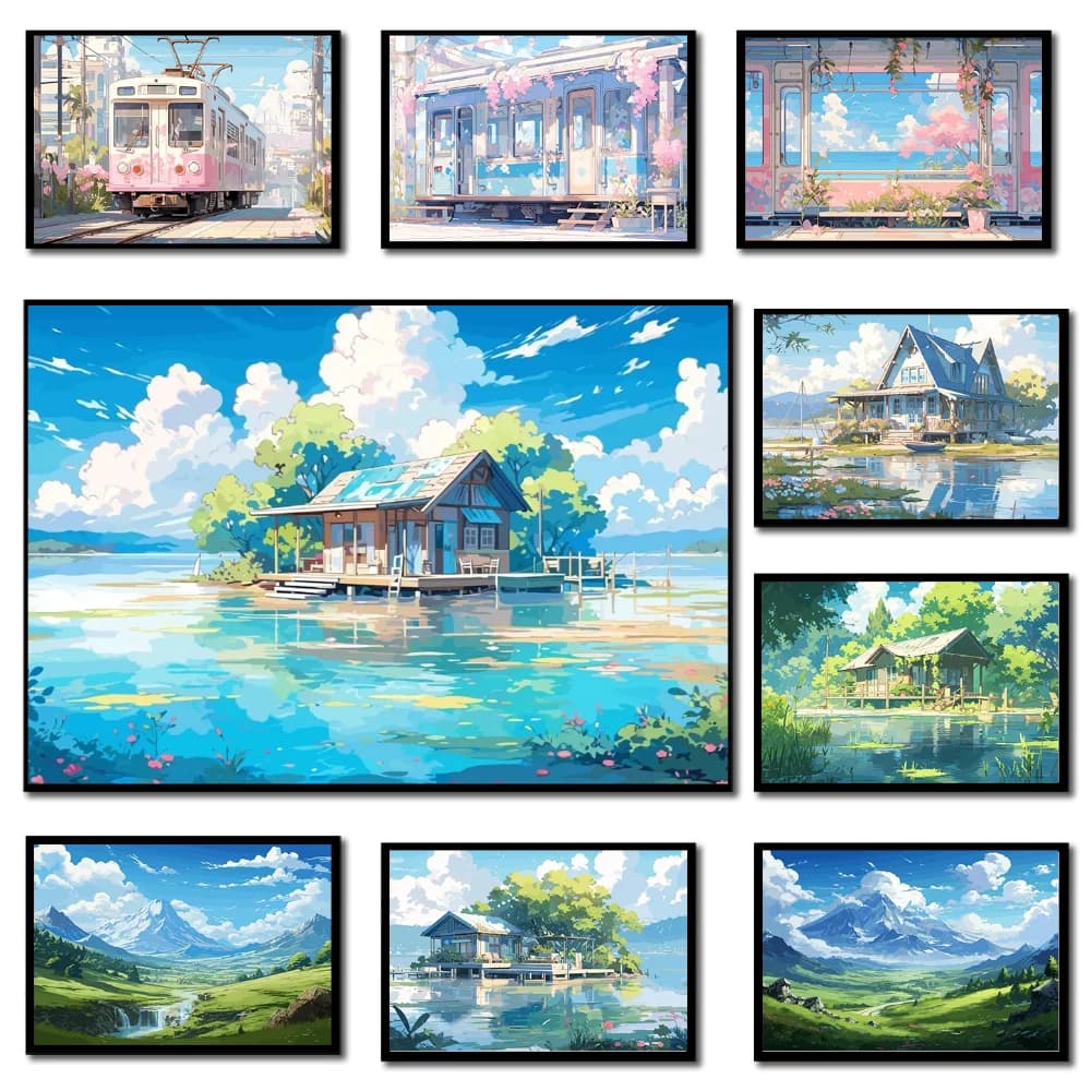1 pz. Stampa su tela senza cornice con scene estetiche anime, tram Sakura, treni e vista mare - Quadro da parete con paesaggio artistico