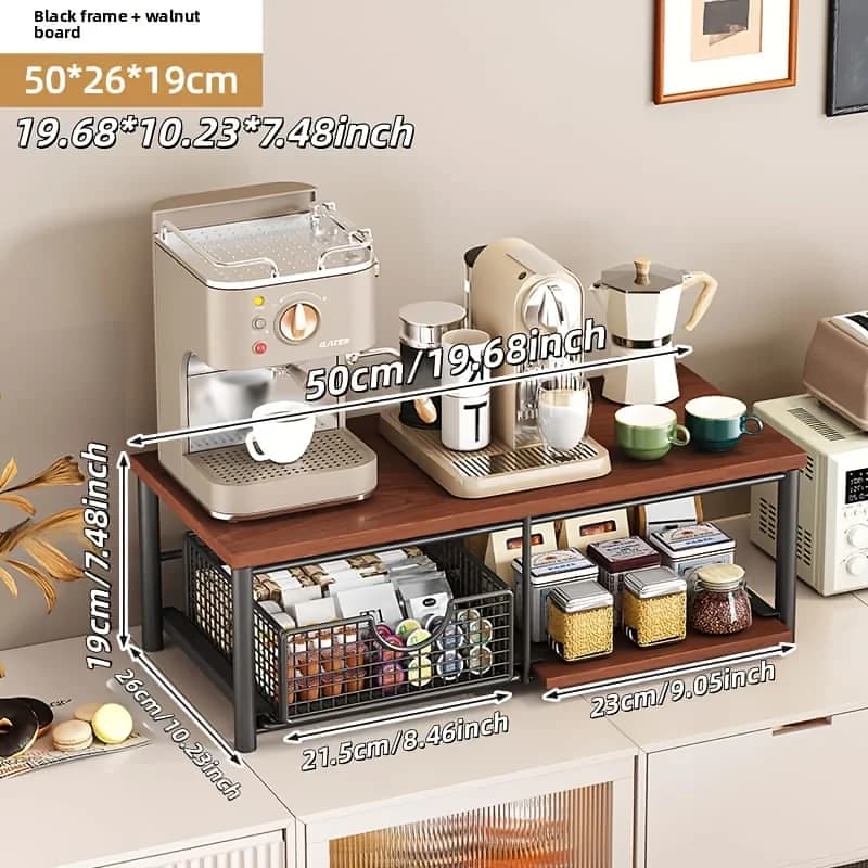 Double-tier Kitchen Worktop Storage Rack; Wooden Microwave and Coffee Machine Stand with Pull-out Drawers; Space-saving Storage