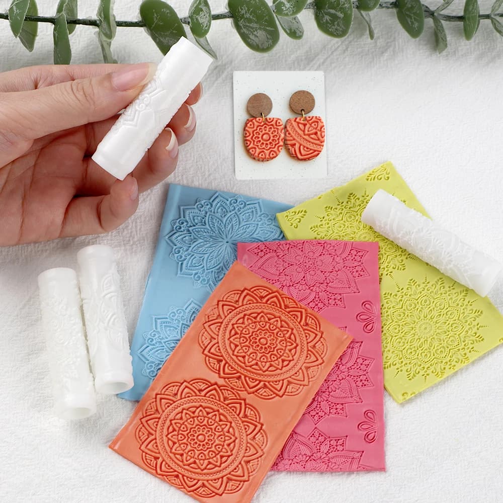 4pcs/pack Polymer Clay Texture Roller Mandala Pattern Embossing Pottery Texture Rollers for Earrings Jewelry Pendant Making DIY