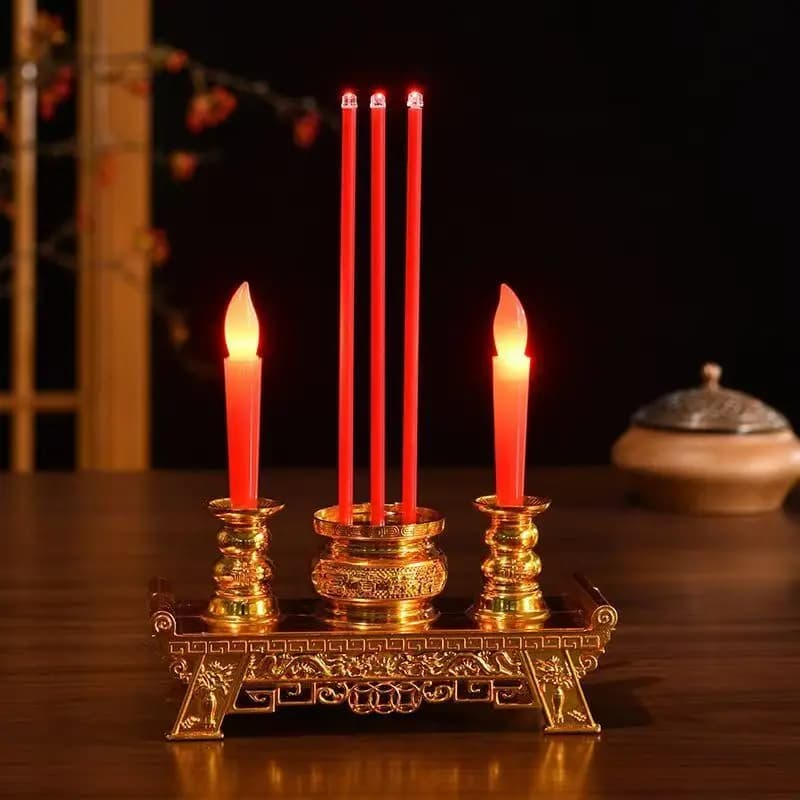LED Incense Burner With Two Red Candle,Golden Electronic Candlelight For Home Altar Prayer,Buddhist Festival Decorations