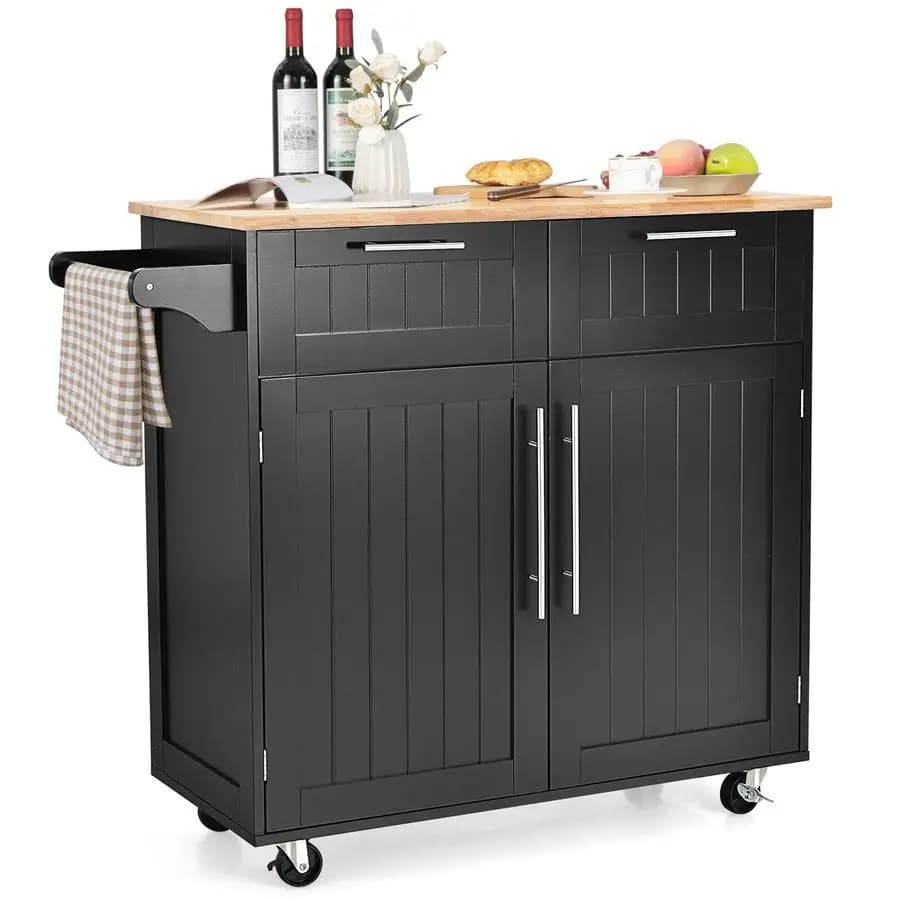 Carrello da Cucina su Ruote, con Portasciugamani Laterale, 2 Cassetti, Armadietto a 2 Ante, Carrello Portaoggetti con Superficie in Legno di Gomma