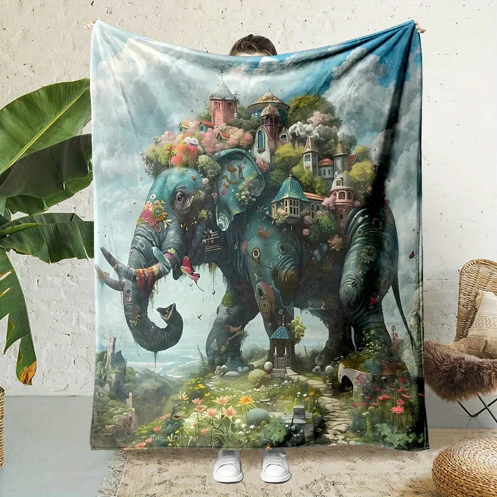 Mythical Elephant with Castle Print,Flannel printed blanket suitable for all seasons suitable for living room office sofa travel